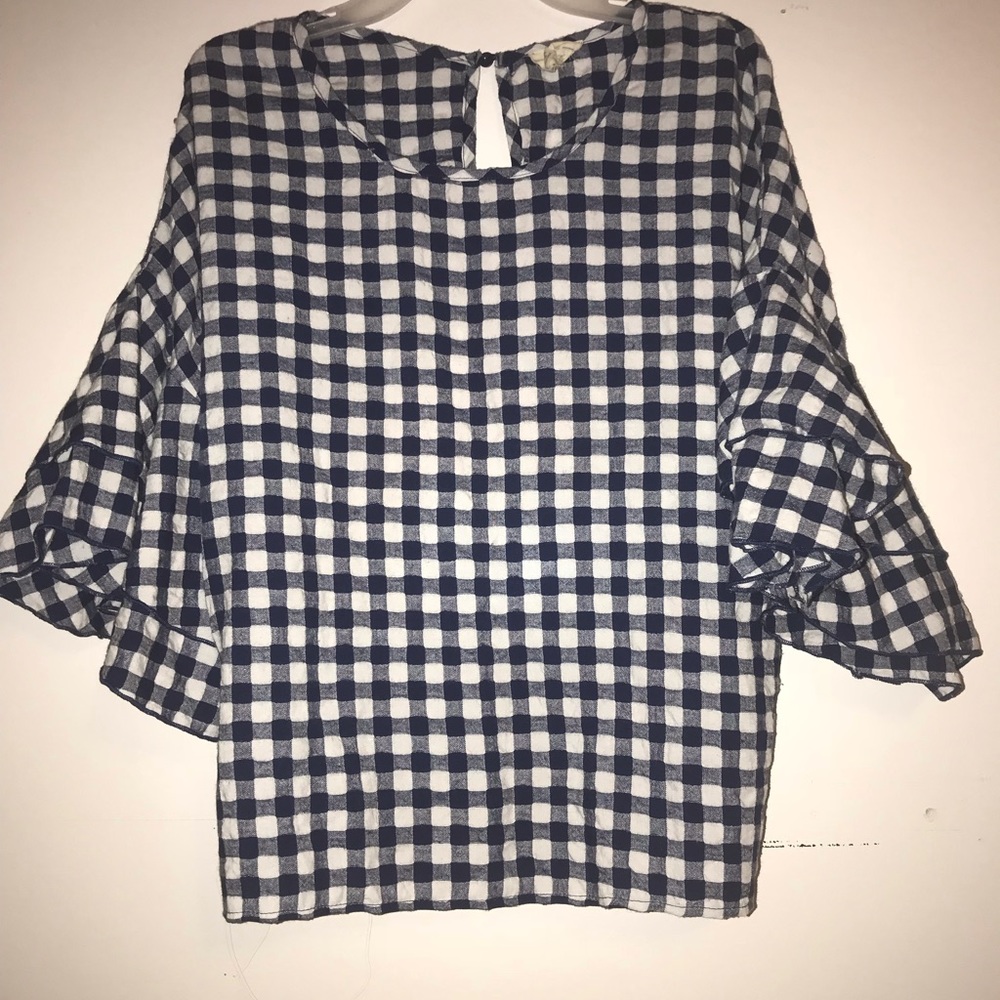 Buffalo Plaid Top with Ruffle Belle Sleeves